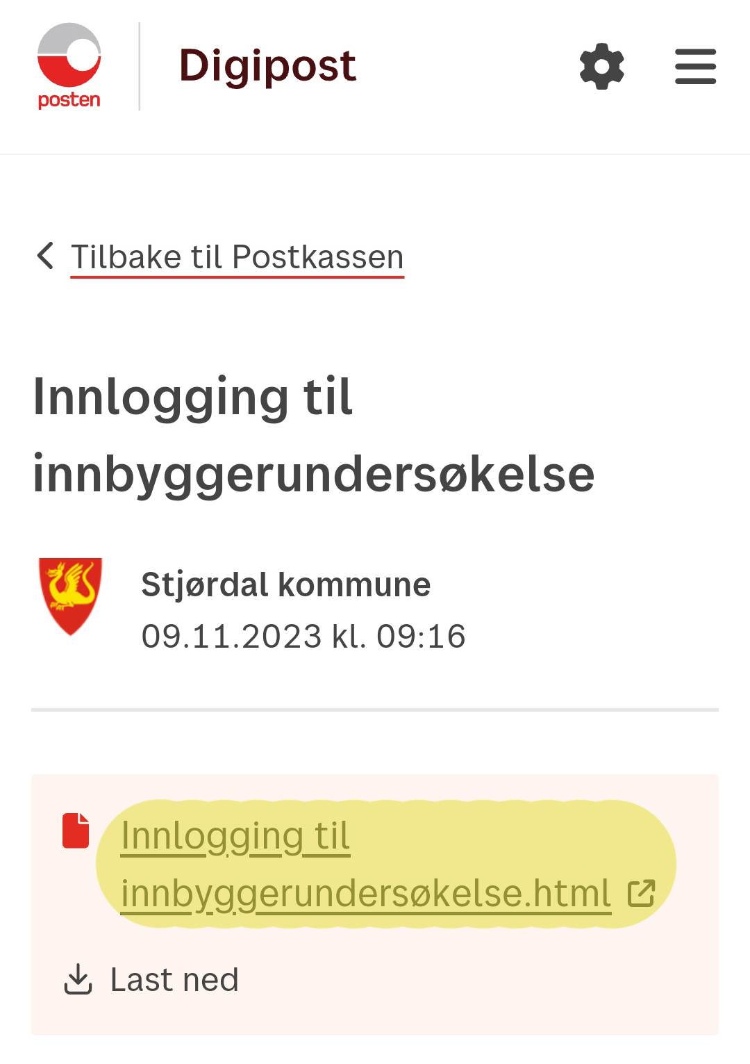 Trykk på lenken der det står “Innlogging til innbyggerundersøkelse” - Klikk for stort bilde