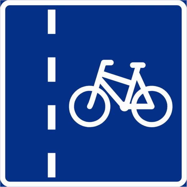 Skilt sykkelfelt blå bunn og hvit sykkel - Klikk for stort bilde