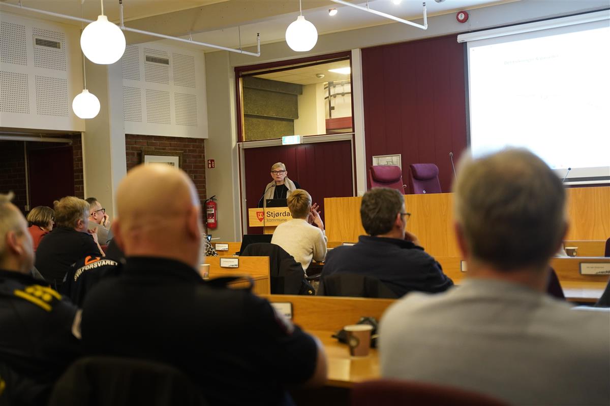 Ordfører Eli Arnstad som står på talerstolen foran flere forskjellige aktører i kommunestyresalen. - Klikk for stort bilde