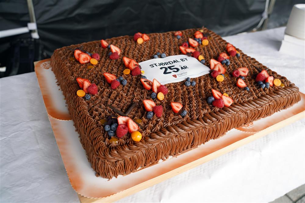 En sjokoladekake pyntet med jordbær, blåbær og andre bær på et bord. Med skriften &quot;Stjørdal by 25 år&quot; og logoen til Stjørdal kommune. - Klikk for stort bilde