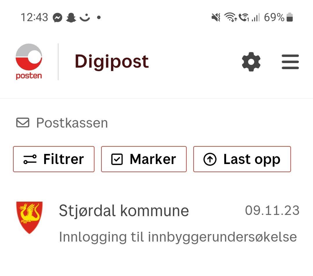Skjermbilde av digipost sin nettside. Det står Digipost, også er det en menylinje med valg, og under står det Stjørdal kommune og innlogging til innbyggerundersøkelse - Klikk for stort bilde