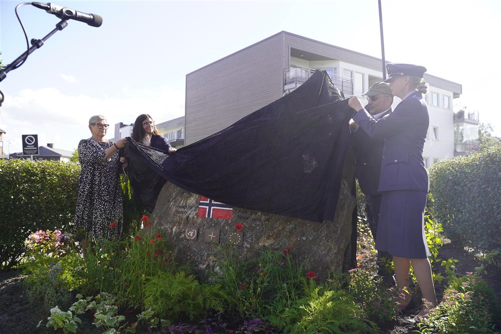Varaordfører, ordfører, veteran representant og sjef for HV-12 avduker minnesteinen. Det er to på hver side av steinen, det er masse blomster rundt og strålende sol. - Klikk for stort bilde
