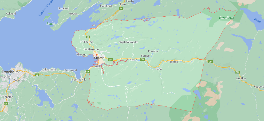 Bildeutsnitt av et kart som viser Stjørdal kommune. - Klikk for stort bilde