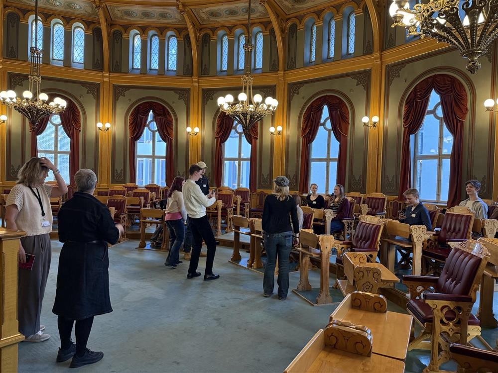 Flere fra rådet som ser seg om og tar bilder i stortingssalen - Klikk for stort bilde