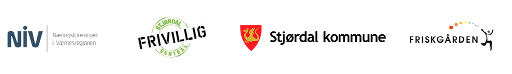 På linje bortover fra venstre logoen til Næringsforeningen i Værnesregionen, Stjørdal Frivilligsentral, Stjørdal kommune og Friskgåden. - Klikk for stort bilde