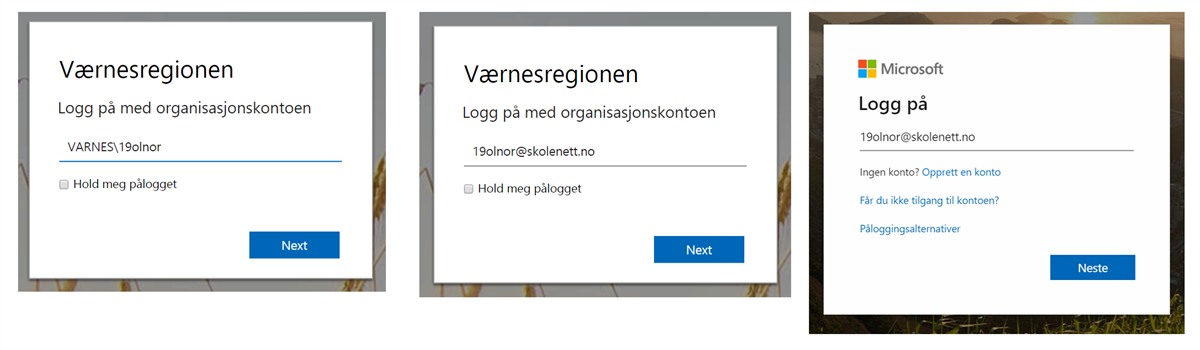 Innlogging Microsoft - Klikk for stort bilde